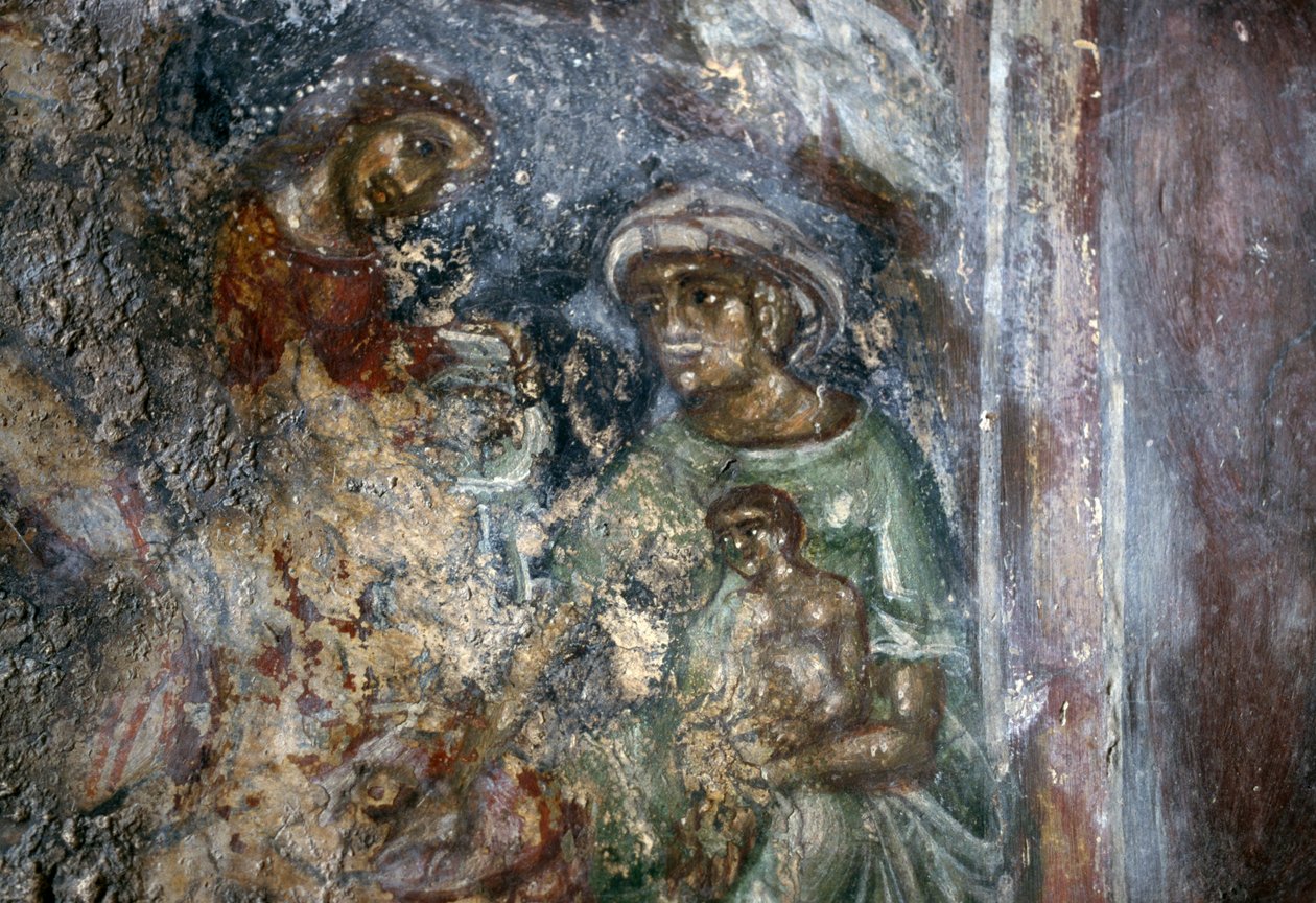 Fresco of Holy Family, Bysantine Church of Ayios Stephanos, Drakona, Kreta, Grekland (foto) av Walter Charles Mills