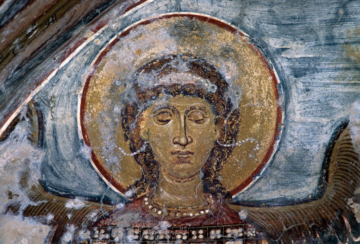 Fresk med ängel i den bysantinska kyrkan Agios Georgios, Vathi, Kreta, Grekland (foto) av Walter Charles Mills
