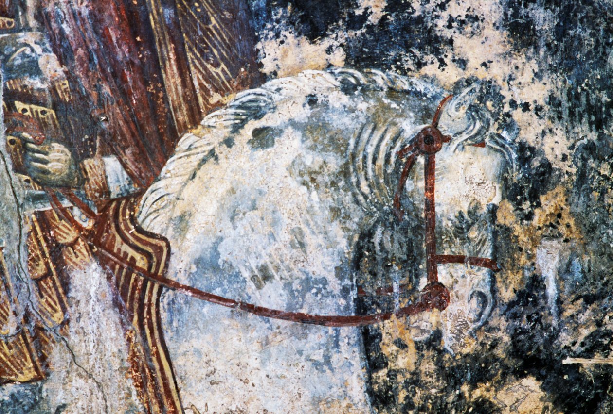 Häst, skadad fresk på taket i kyrkan Agios Vasileios, Vavouledo, Kreta, Grekland (foto) av Walter Charles Mills