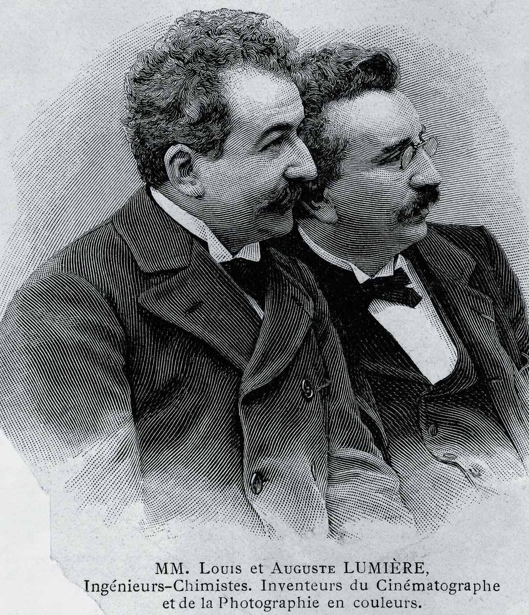 Porträtt av Auguste Marie Louis Nicolas Lumiere (1862-1954) och Louis Jean Lumiere (1864-1948), franska entreprenörer och uppfinnare av filmprojektor, gravyr från fotografi av Walter Charles Mills