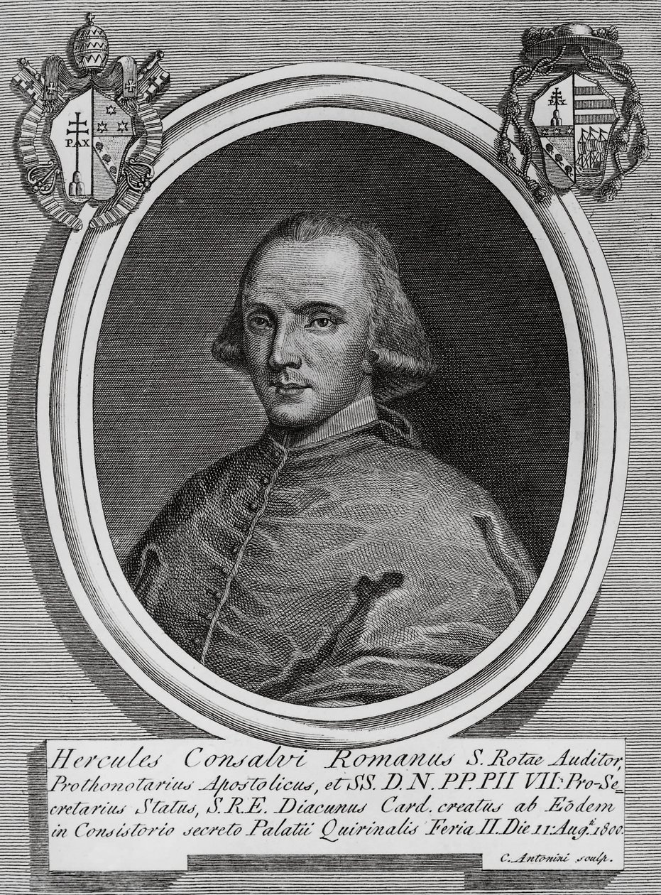 Porträtt av Ercole Consalvi (1757-1824), italiensk kardinal och politiker, gravyr av Carlo Antonini av Walter Charles Mills