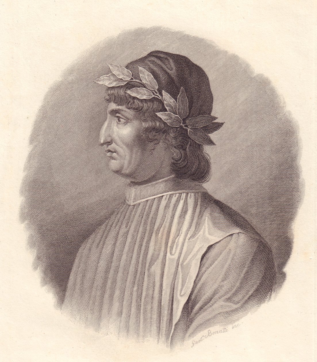 Porträtt av den italienske poeten och humanisten Angelo Ambrogini även känd som Poliziano (1454-1494), kopparstick av G Bonatti av Walter Charles Mills