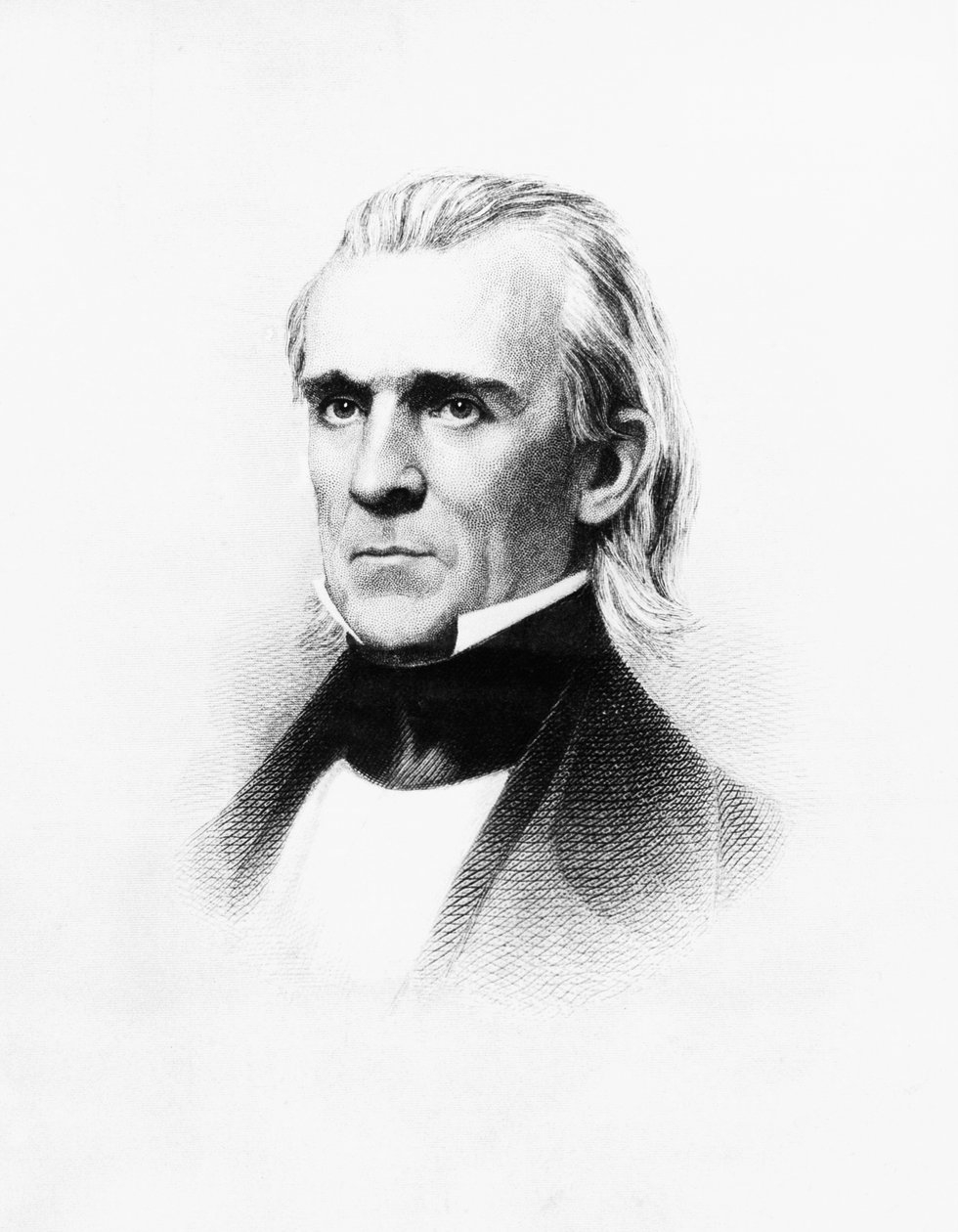 Porträtt av James Knox Polk (1795-1849), amerikansk advokat och politiker som tjänstgjorde som USA:s 11:e president från 1845 till 1849, gravyr efter daguerreotypi av Mathew Brady (1822-1896) av Walter Charles Mills