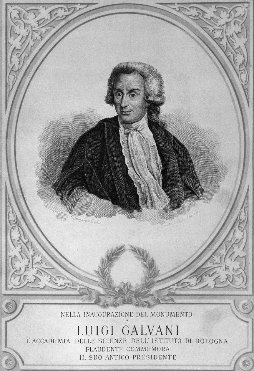 Porträtt av Luigi Galvani (1737-1798), italiensk fysiolog, fysiker, biolog och anatom, som upptäckte djurelektricitet, teckning av Walter Charles Mills