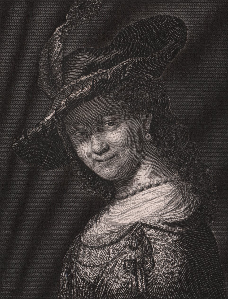 Porträtt av Saskia van Uylenburgh (1612-1642), Rembrandts hustru, gravyr av L Raab från målning av Rembrandt, från Paynes Royal Dresden Gallery, av Albert Henry Payne, H Payne Dresden och Leipzig Publisher, cirka 1840 av Walter Charles Mills