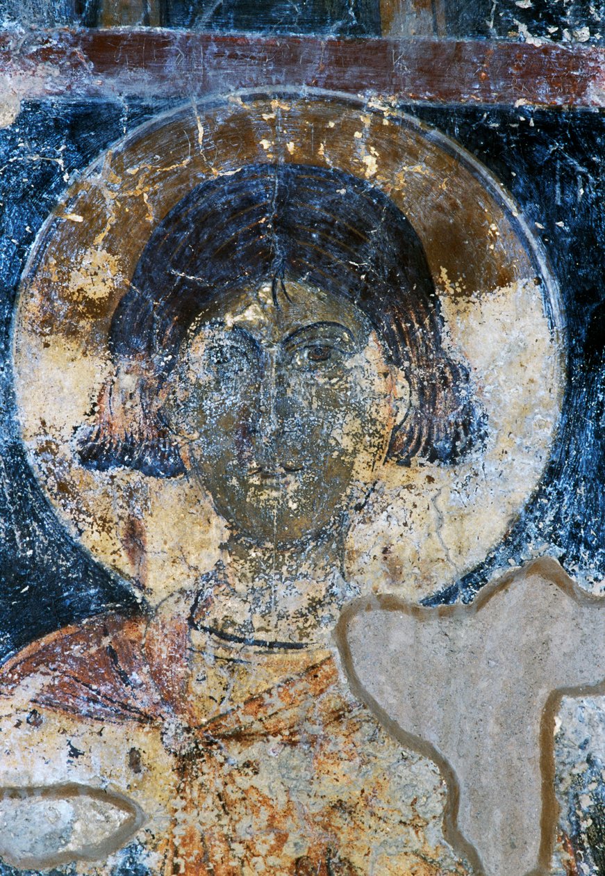 Saint, fresk av Ioannis Pagomenos i St Nicholas Chapel, Maza, Kreta, Grekland (foto) av Walter Charles Mills