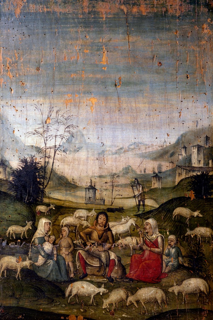 Scen från Gamla testamentet, målad tavla, detalj från skåpen i Gamla sakristian, kyrkan St Mary the Gracious (UNESCOs världsarvslista, 1980), Milano. Italien av Walter Charles Mills
