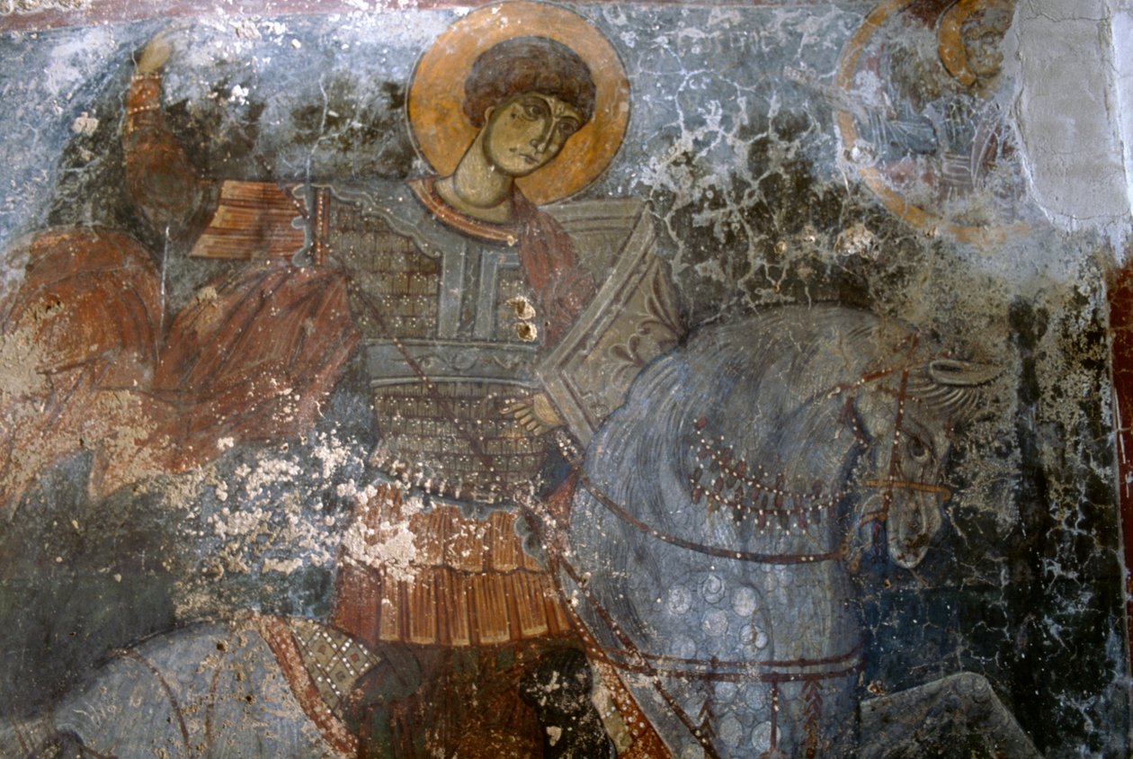 St George, fresk av Ioannis Pagomenos i kyrkan Agios Georgios, Anidri, Kreta, Grekland av Walter Charles Mills