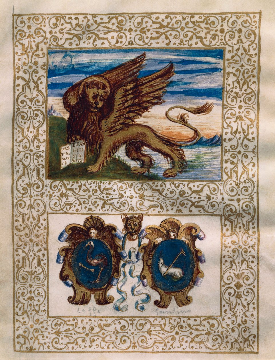 Det bevingade lejonet i Venedig och Leffe och Gandinos vapen, miniatyr från Privilegio della Serenissima alla Val Gandino, 18 juni av Walter Charles Mills