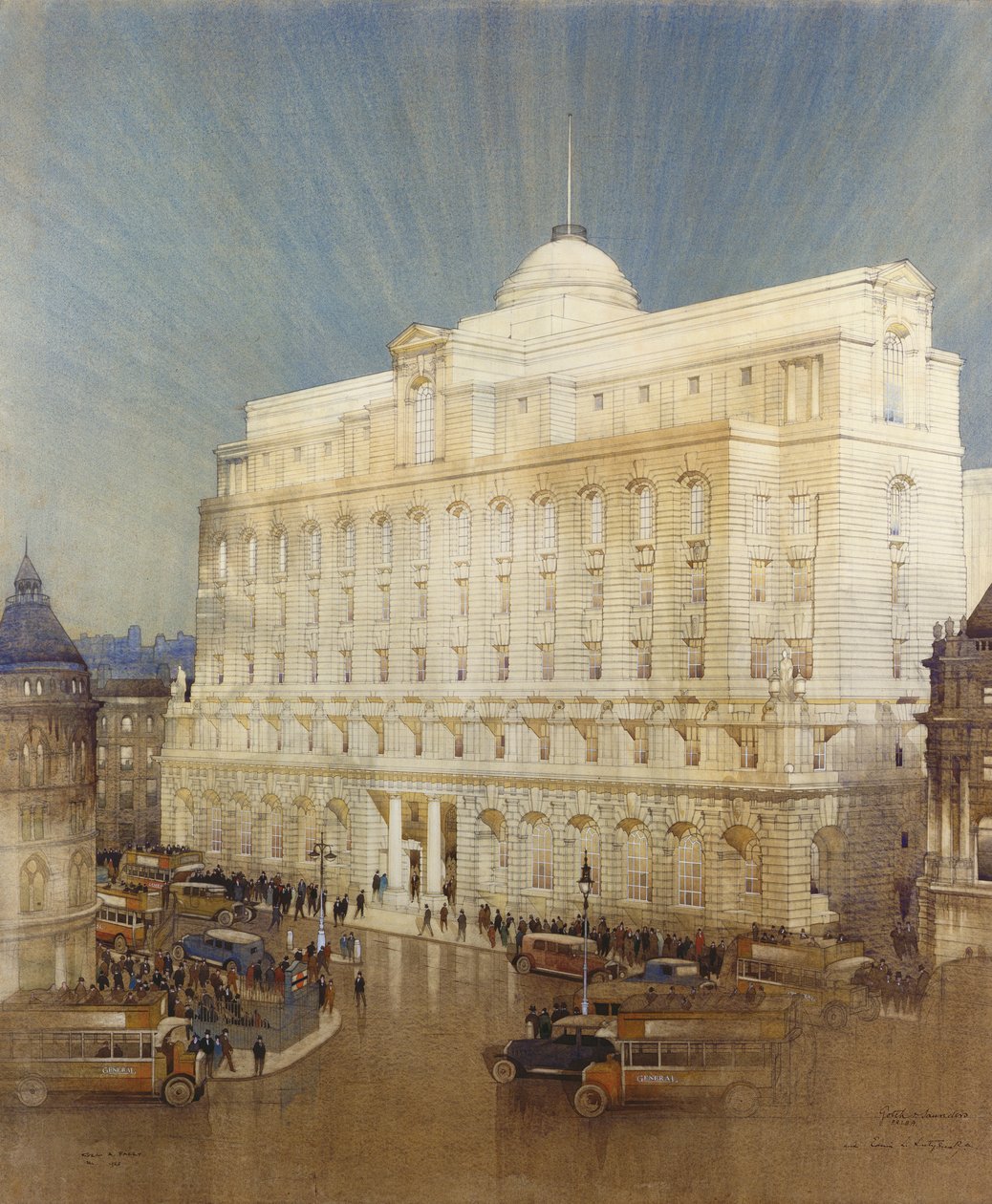 Arkitektonisk design för huvudkontoret för Midland Bank, Poultry, London av John A. and Saunders, Charles Gotch