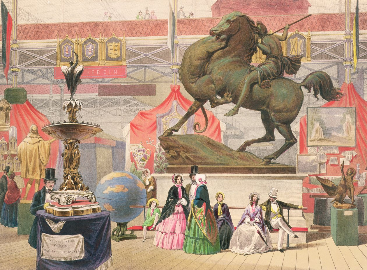 Utsikt över Kristallpalatsets östra skepp med skulptur (Amazonas) (färgad litho) av John Absolon