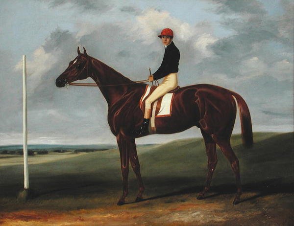 Kastanjeföl med Jockey upp och startstolpe (olja på duk) av John Alfred Wheeler