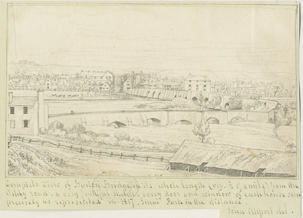 Burton-upon-Trent Bridge and Town: pennteckning, 1817 av John Allport