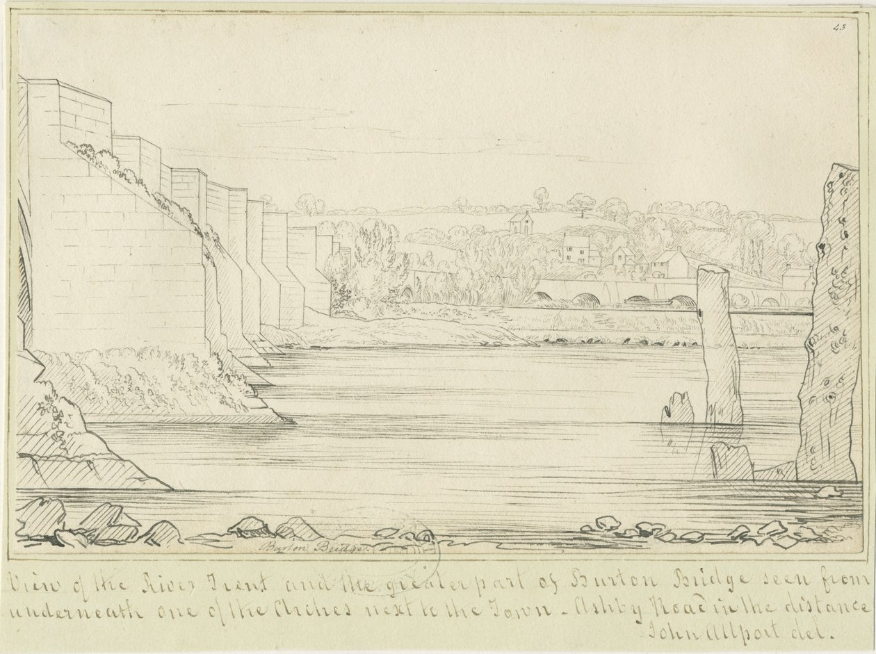 Burton-upon-Trent Bridge and Town: pennteckning, nd [c 1817] (ritning) av John Allport
