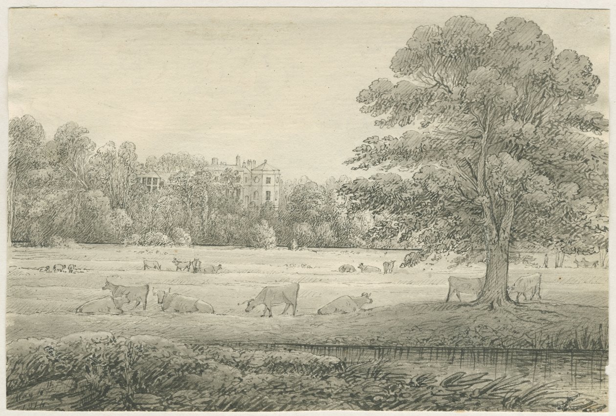 Hagley Hall: ritning med penna och tvätt, 4 maj 1814 av John Allport