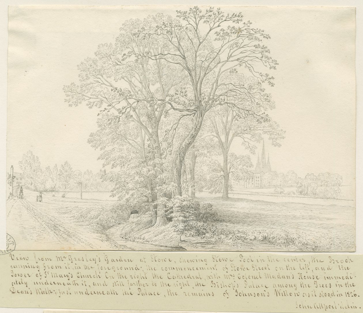 Lichfield - Utsikt över Stowe Pool: pennteckning, nd [1826] (ritning) av John Allport