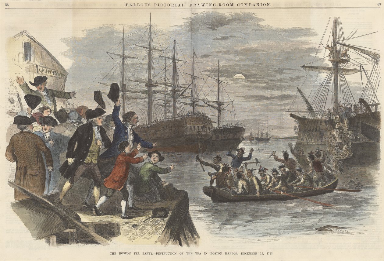 Boston Tea Party? Förstörelse av teet i Boston Harbor, 16 december 1773, från puben Ballous Pictorial Drawing-Room Companion. 1865 (färggravyr) av John Andrew