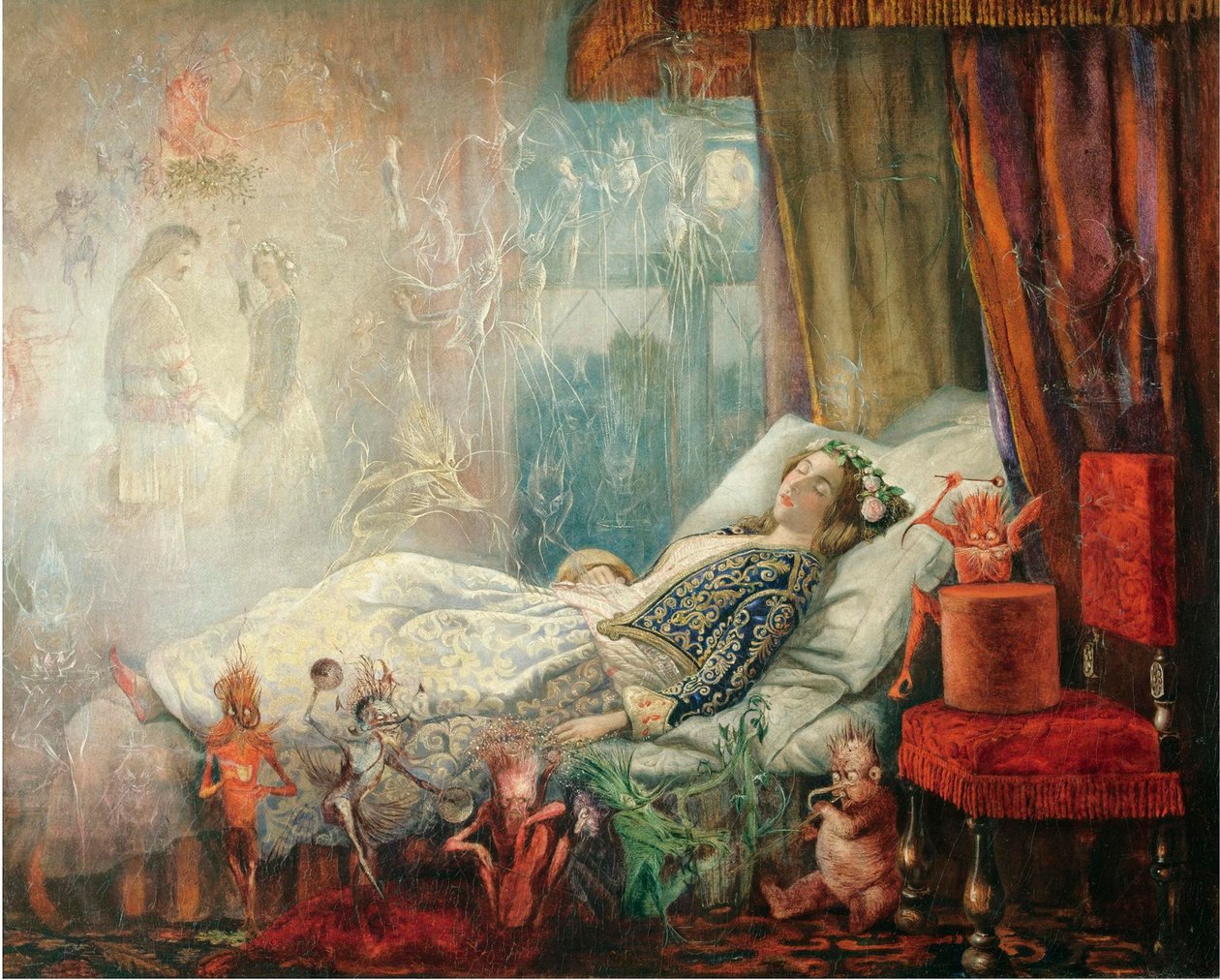 ""Le reve apres le bal masque"" (Drömmen efter maskbalen) Peinture de John Anster Fitzgerald (1832-1906), - Olja på duk, 35,5x44,5 - Privat samling av John Anster Fitzgerald
