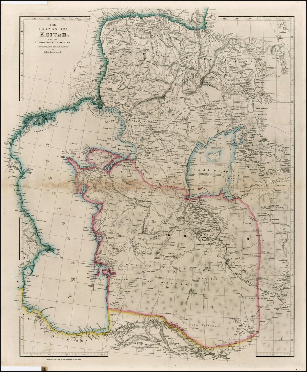 1842 års karta över Kaspiska havet, Khivah och det omgivande landet av John Arrowsmith av John Arrowsmith