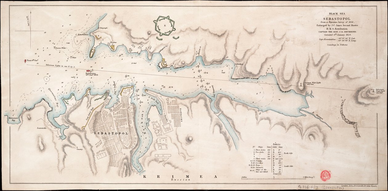 Svarta havet Sebastopol från en rysk undersökning från 1836 av John Arrowsmith