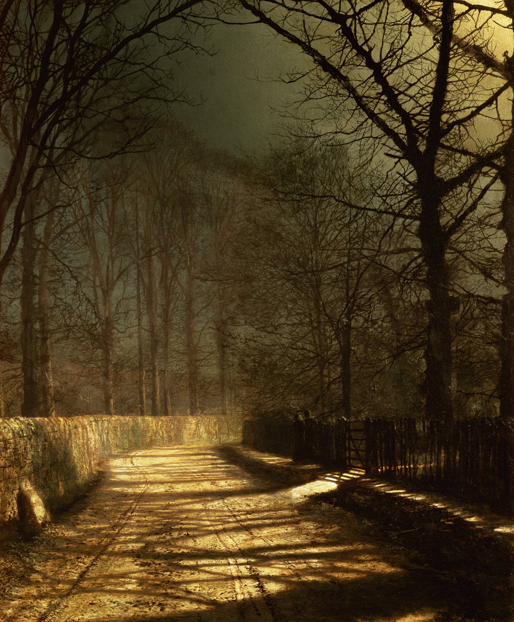 En månbelyst körfält. Två älskare vid en grind av John Atkinson Grimshaw