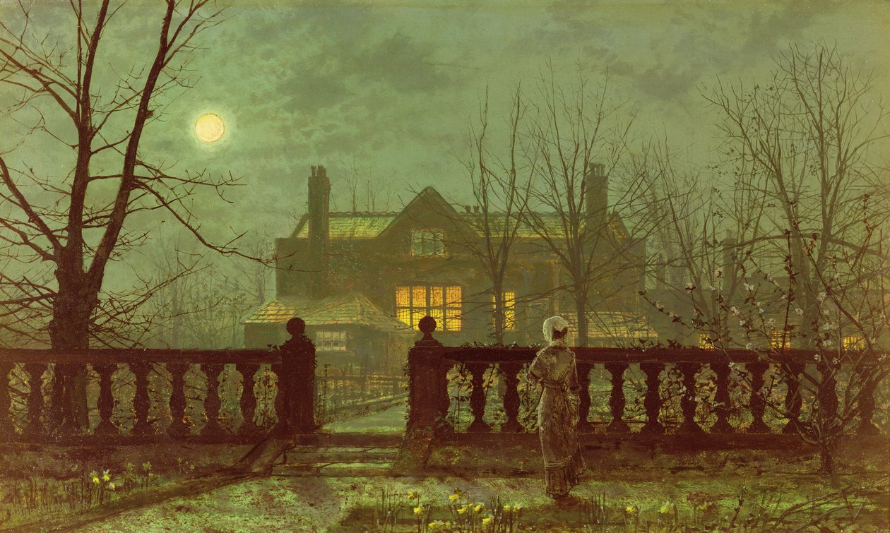 En dam i en trädgård vid månsken, 1882 av John Atkinson Grimshaw