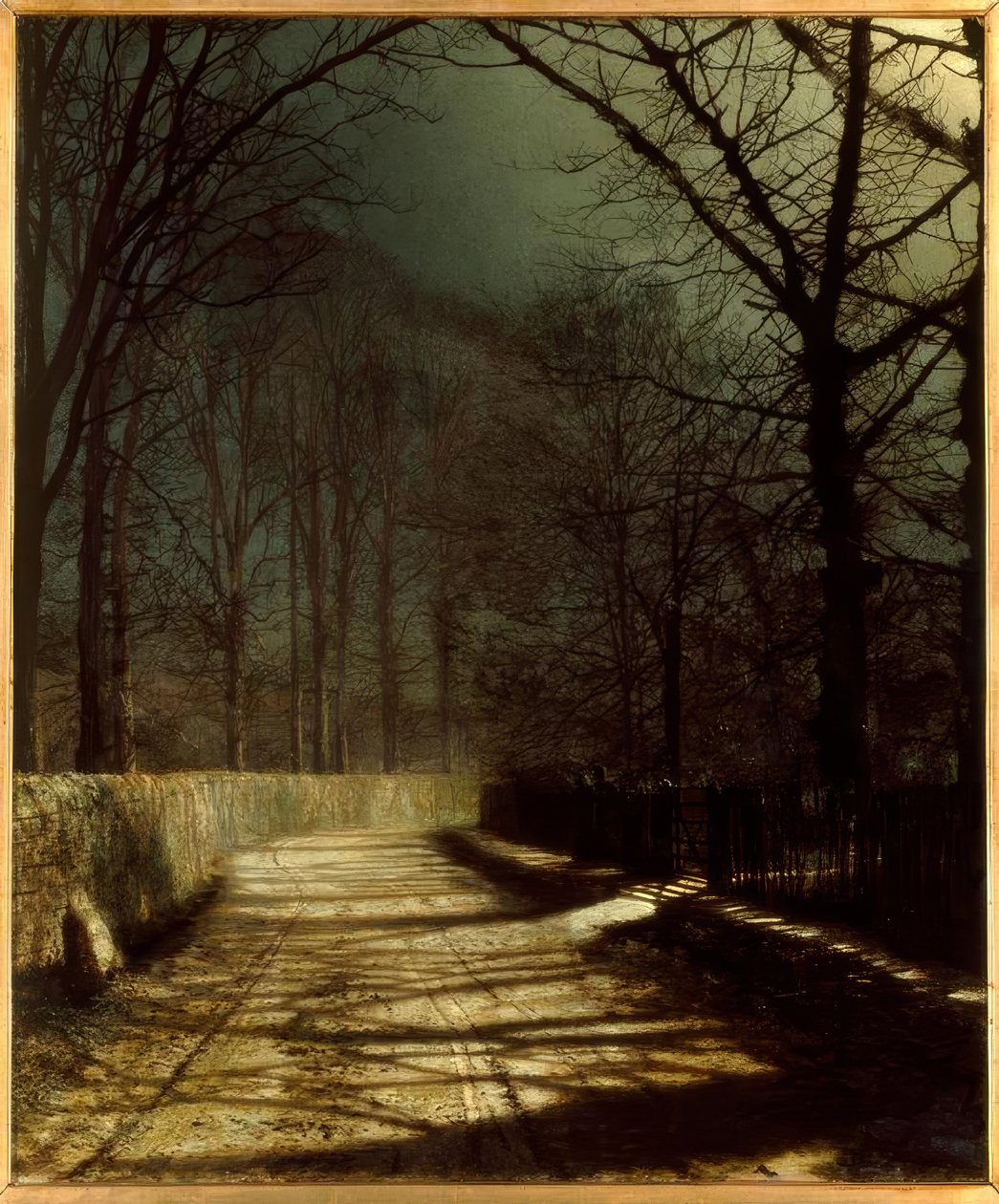 J.A.Grimshaw, månbelyst körfält med två älskare vid en grind / Gem. av John Atkinson Grimshaw
