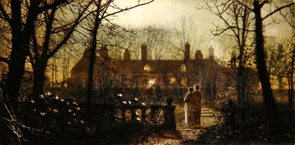 Månbelyst scen med två figurer (olja på panel) av John Atkinson Grimshaw