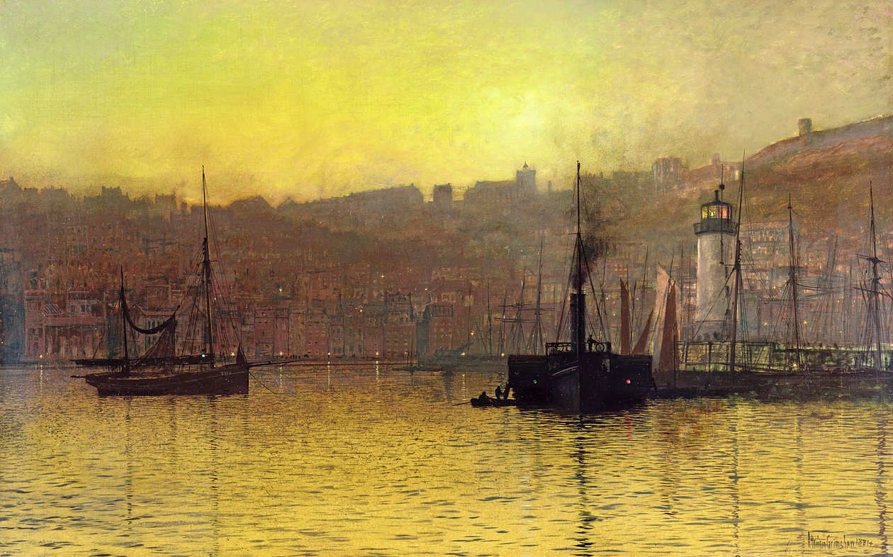 Nattfall i Scarboroughs hamn av John Atkinson Grimshaw