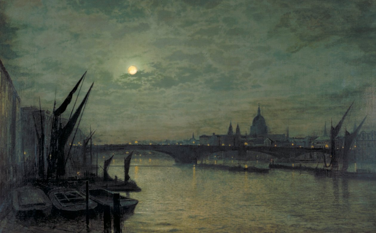 "Themsen i månsken med Southwark Bridge", 1884 av John Atkinson Grimshaw