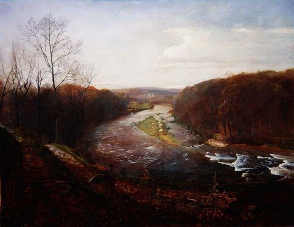 The Wharfe ovanför Bolton Woods med Barden Tower i fjärran (olja på duk) av John Atkinson Grimshaw