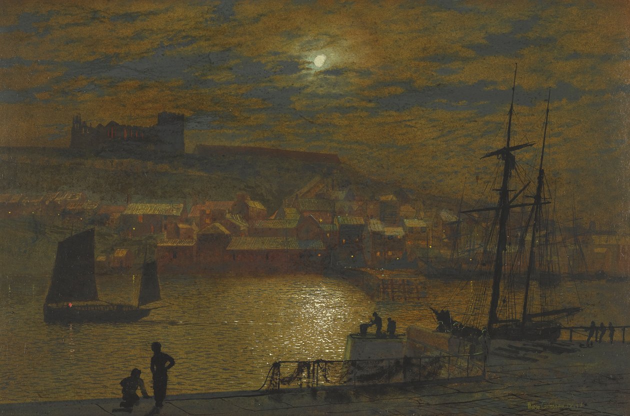 Whitby från Scotch Head, Månsken på Esk av John Atkinson Grimshaw