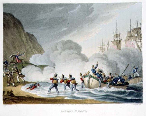 Landstigningstrupper, graverade av Matthew Dubourg (fl.1813-20) från "Historiska, militära och sjöanekdoter", pub. av Edward Orme (1774-c.1820) 1817 (akvatint) av John Augustus (after) Atkinson