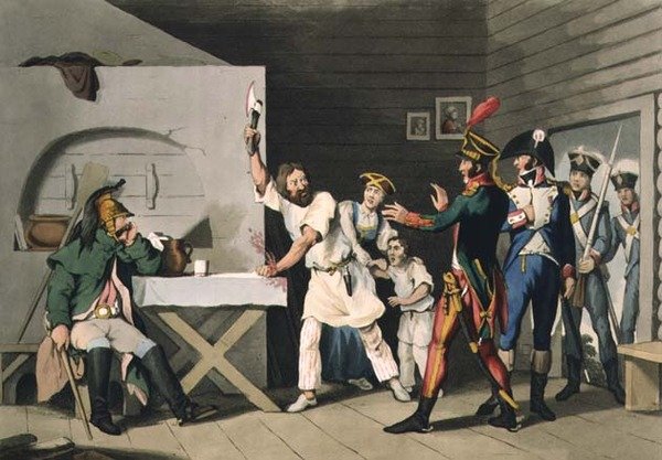 Rysk lojalitet och hjältemod: bonden av Smolensk, graverad av John Heaviside Clark (ca 1771-1863) och Matthew Dubourg (fl. 1813-20) från "Historiska, militära och sjöanekdoter", pub. av Edward Orme (1774-c.1820) 1816 (akvatint) av John Augustus (after) Atkinson
