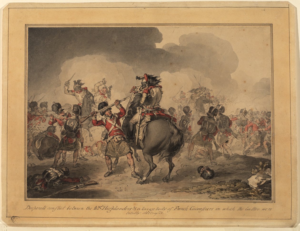 42nd Highlanders at Waterloo, 1815 (penna och bläck wc på papper) av John Augustus Atkinson