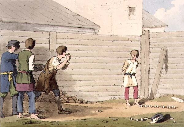 Babki, tallrik 13 från volym I av "Ryssarnas seder, seder och nöjen", etsat av konstnären, pub. 1803 (akvatint) av John Augustus Atkinson