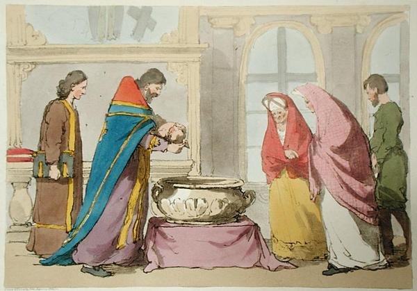 Dopet, etsat av konstnären, publicerat 1804 (färg litho) av John Augustus Atkinson