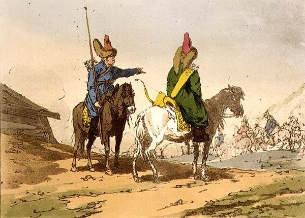 Baschkirs, skylt 8 från volym I av "Ryssarnas seder, seder och nöjen", etsat av konstnären, pub. 1803 (akvatint) av John Augustus Atkinson