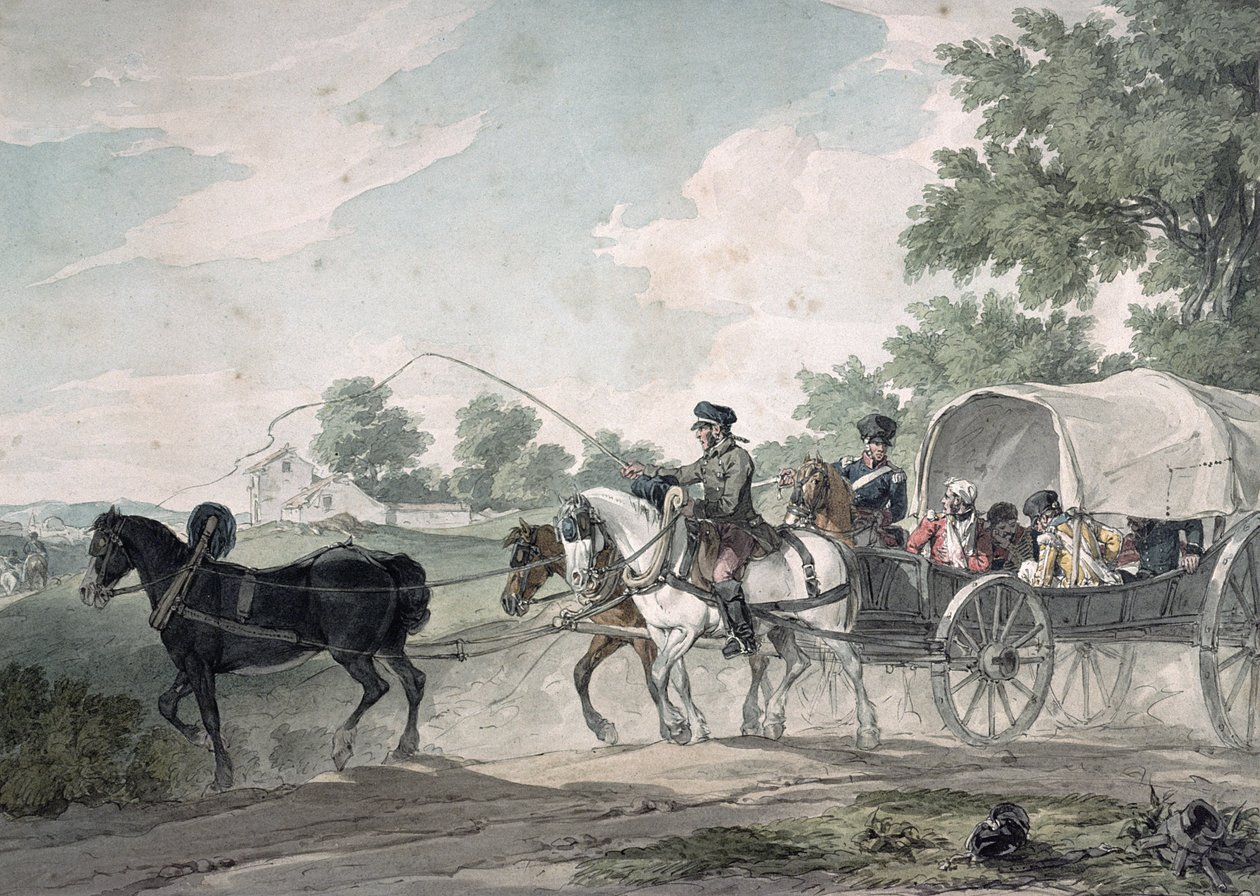 Belgisk vagn som transporterar sårade från fältet efter slaget vid Waterloo, 1815 av John Augustus Atkinson