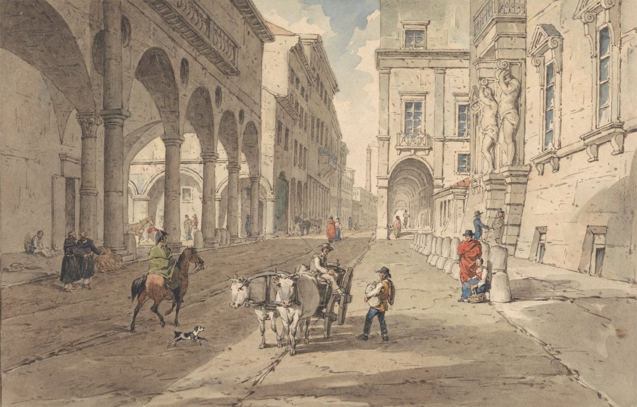 Bologna, utsikt över Strada Maggiore av John Augustus Atkinson