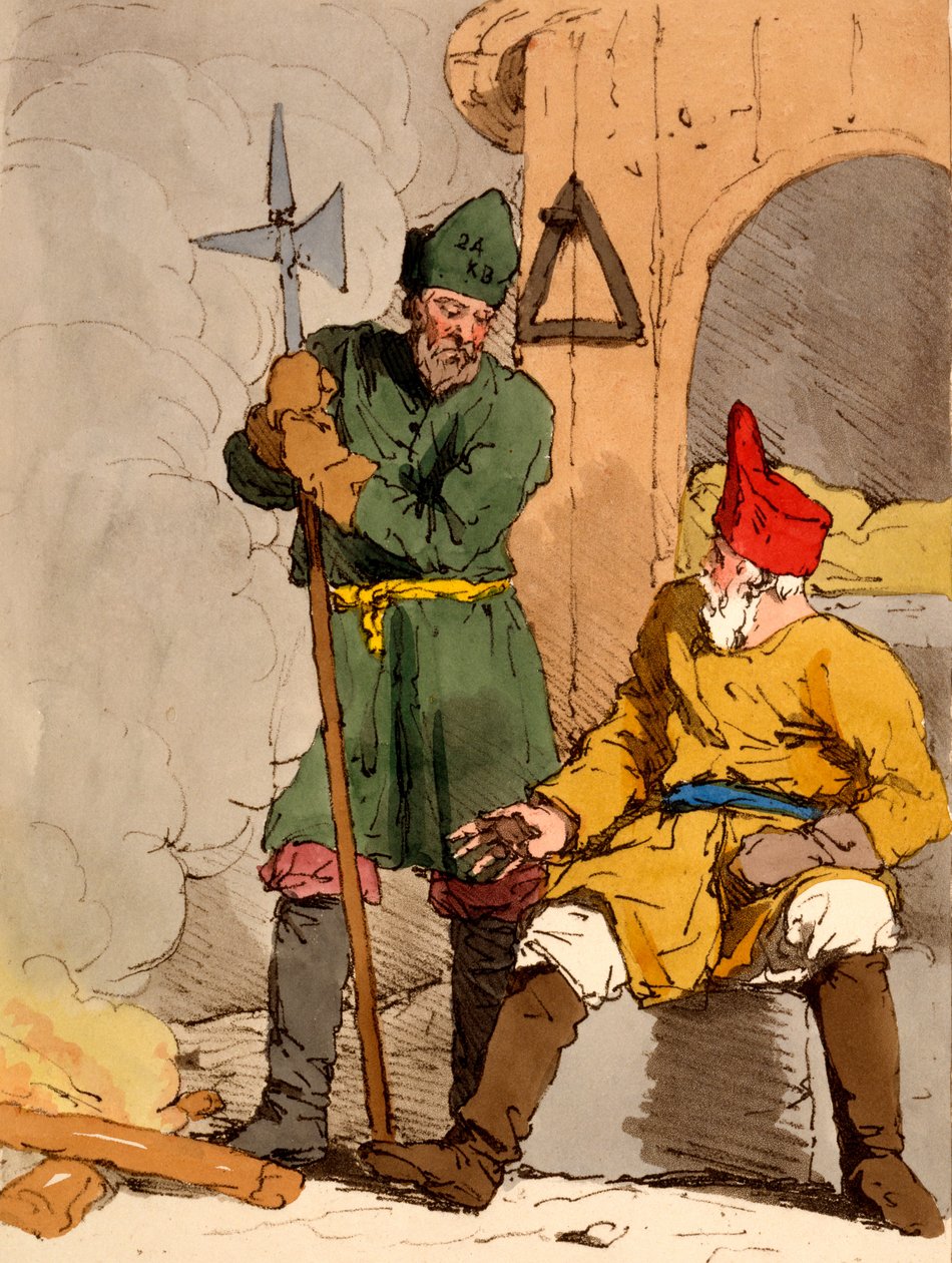 "Boutoushniki" eller väktare, illustration från James Walkers "The Manners, Customs and Amusements of the Russians", publicerad 1803-4 (akvatint etsning). av John Augustus Atkinson