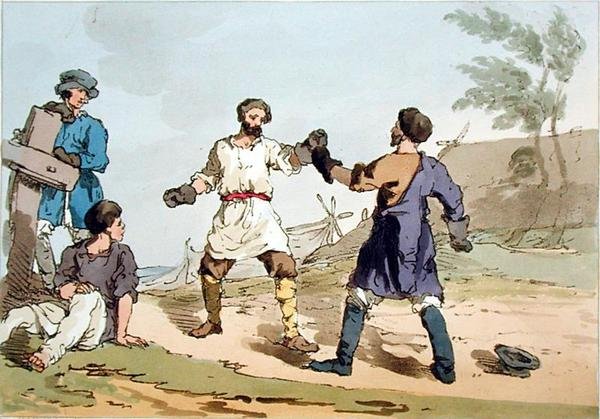 Boxning, etsad av konstnären, publicerad 1804 (färg litho) av John Augustus Atkinson