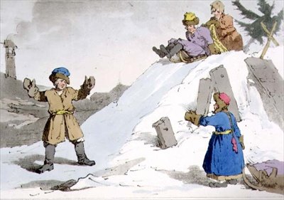 Children Going Down an Ice Hill, tallrik 38 från volym II av "Ryssarnas seder, seder och nöjen", etsat av konstnären, pub. 1804 (akvatint) av John Augustus Atkinson