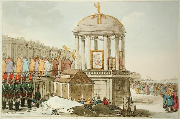 Invigning av vattnet, etsat av konstnären, publicerad 1804 (färg litho) av John Augustus Atkinson