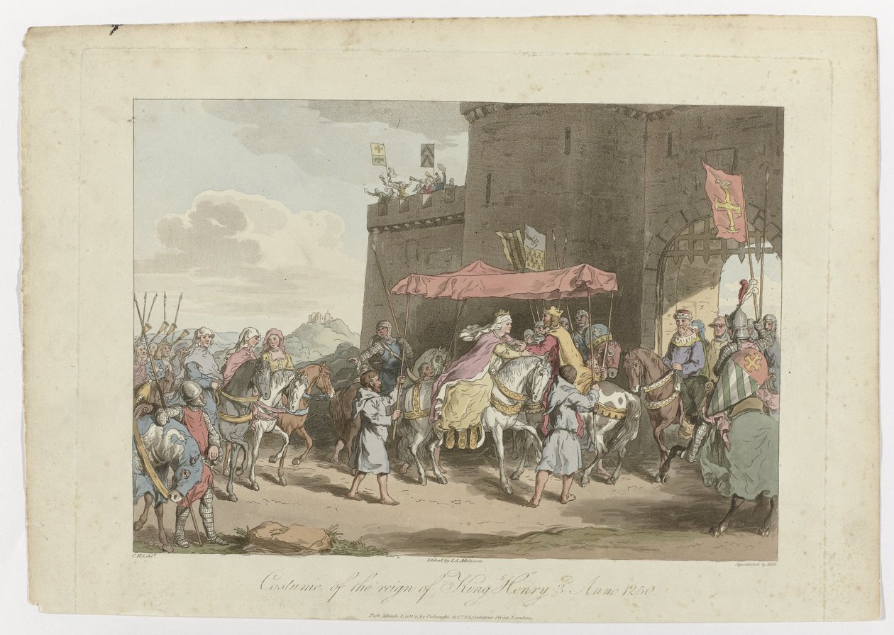 Kostym för kung Henrik 3:s regeringstid, Anno 1250, 1 mars 1814 av John Augustus Atkinson
