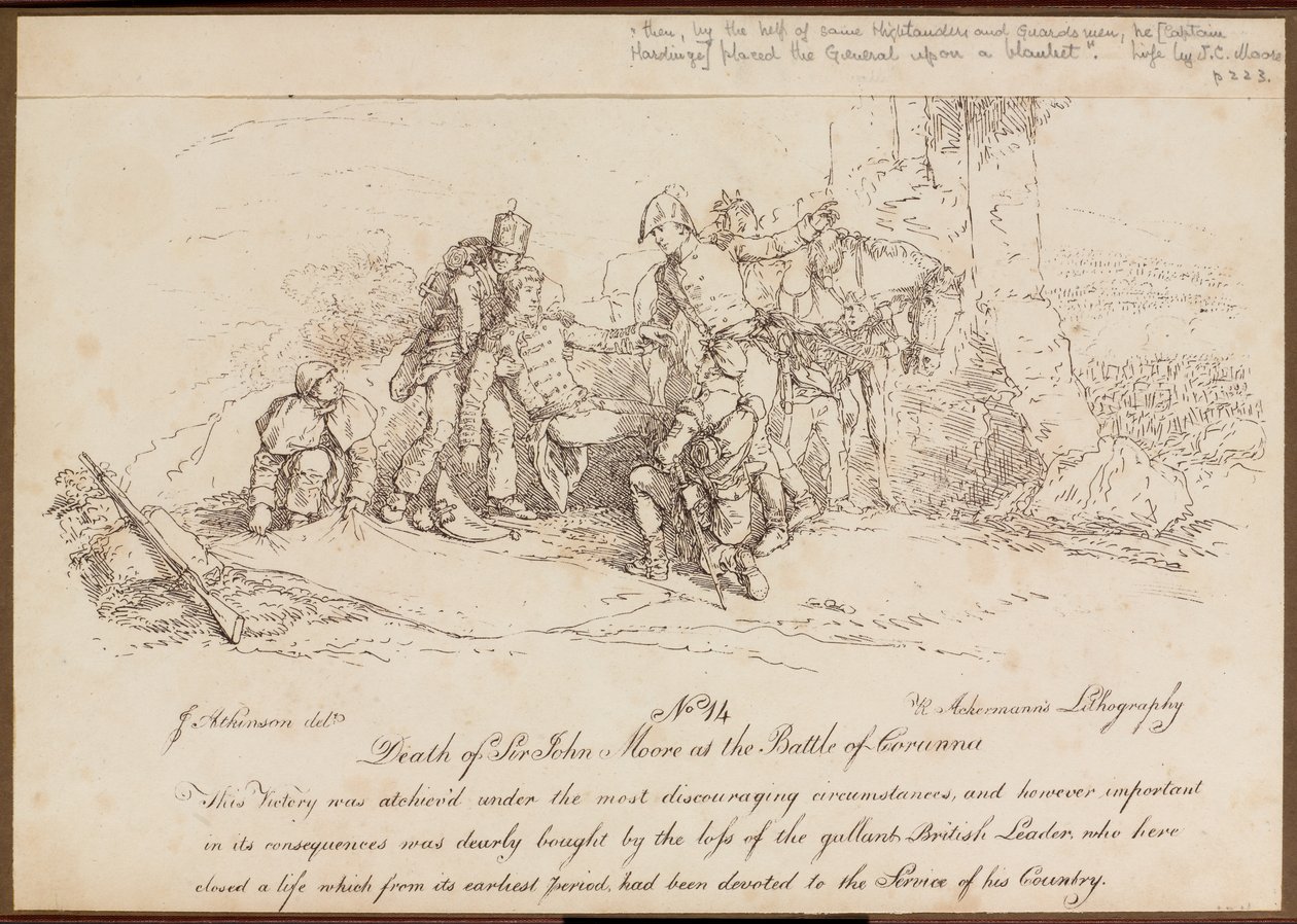 "Sir John Moores död i slaget vid Corunna?", 16 januari 1809 av John Augustus Atkinson