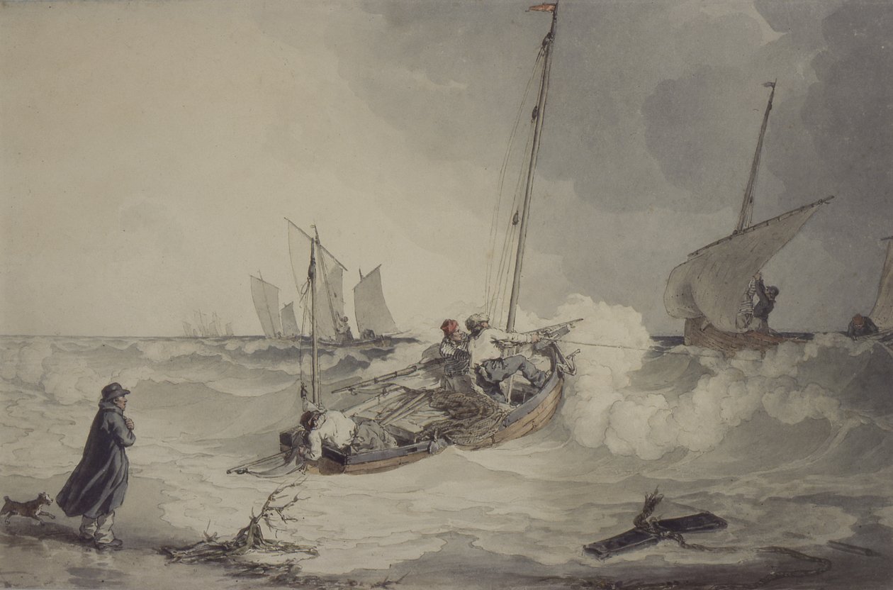 Fiskebåtar som går ut, akvarell av John Augustus Atkinson