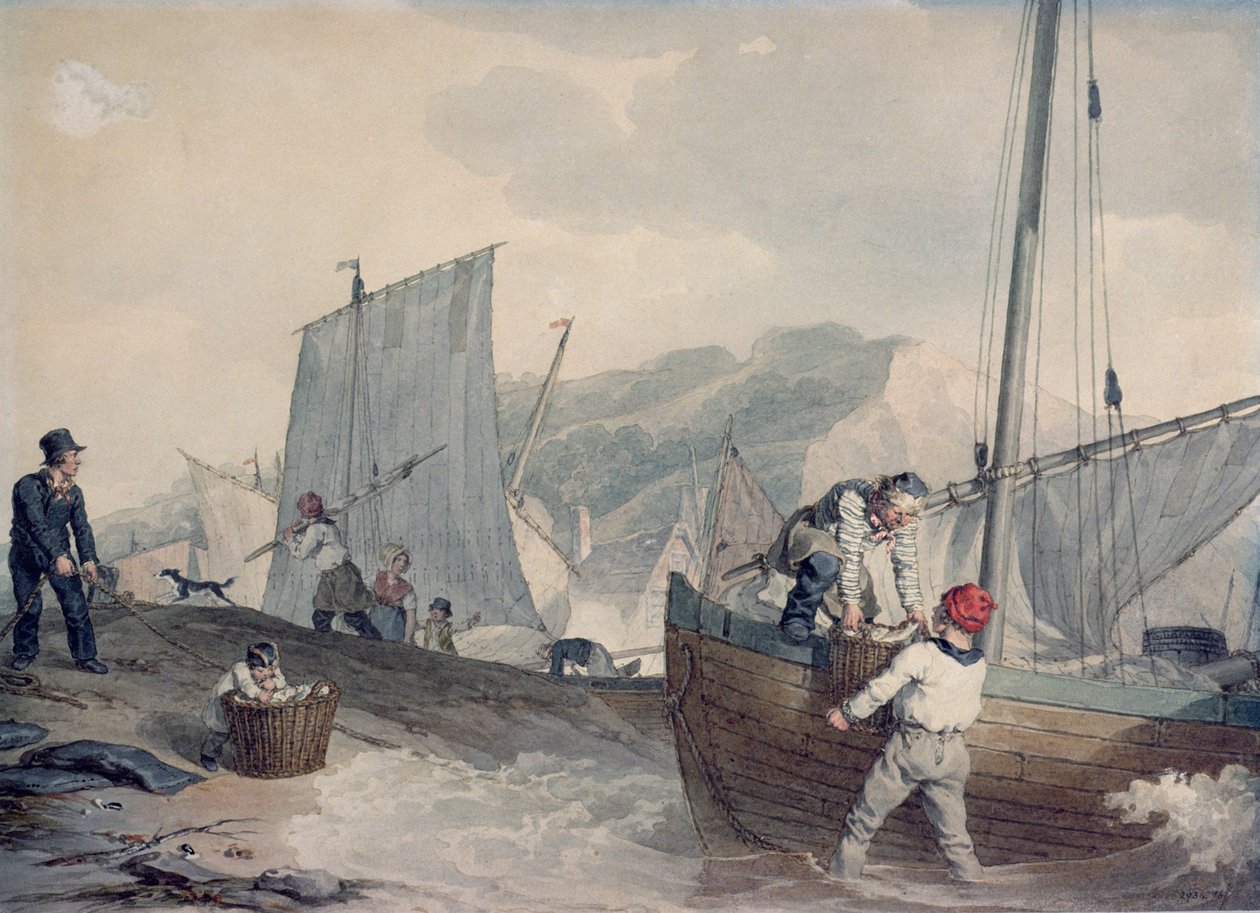 Fiskebåtar lossning (akvarell) av John Augustus Atkinson