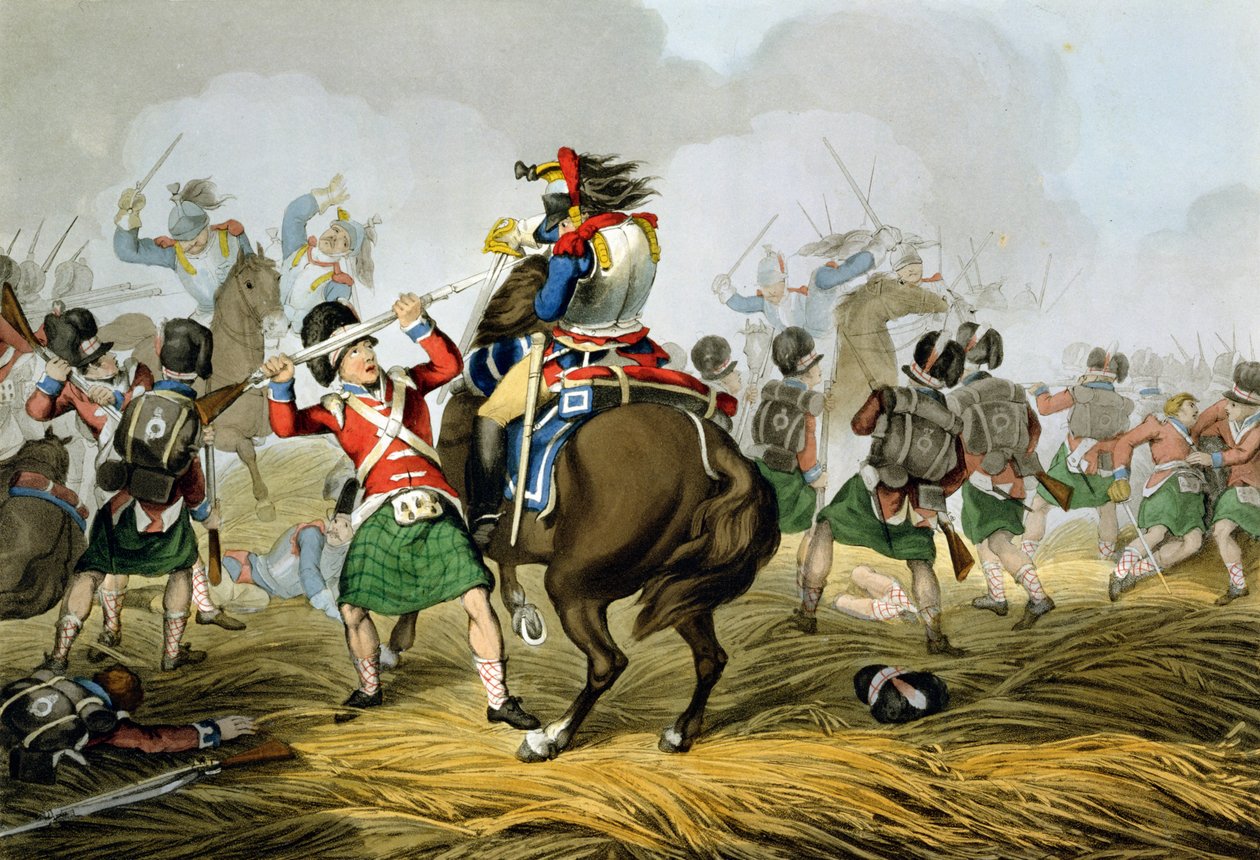 Franska Cuirassiers i slaget vid Waterloo, anklagade och besegrade av Highlanders och Scots Greys, graverade av Matthew Dubourg (fl.1813-20) från "Historiska, militära och sjöanekdoter", pub. Hejdå av John Augustus Atkinson