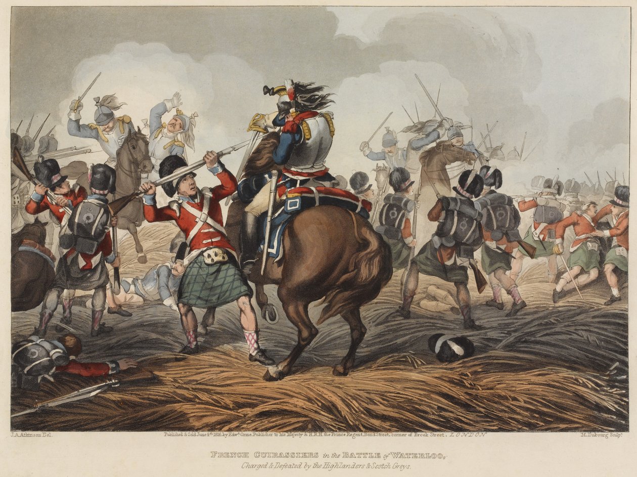 Franska kuirassiärer i slaget vid Waterloo, attackerade och besegrade av Highlanders och Scotch Greys, graverat av M. Dubourg, 1819 (färgad akvatint) av John Augustus Atkinson